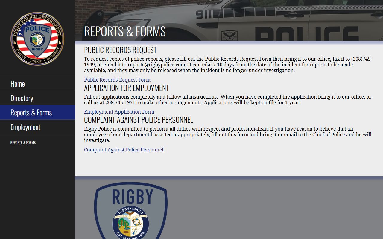 Jefferson County arrest records Rigby police reports forms