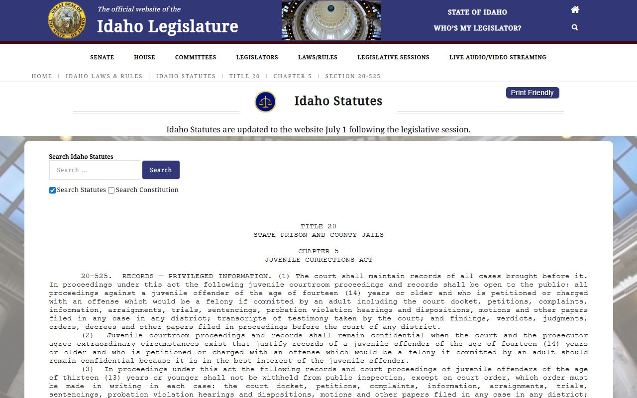 Jefferson County criminal court records Idaho juvenile records statute