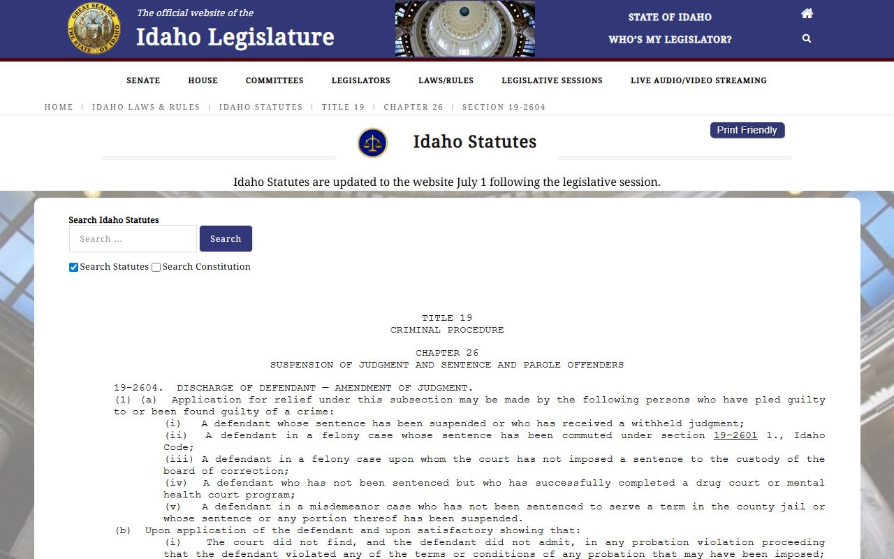 Jefferson County criminal court records Idaho relief statute