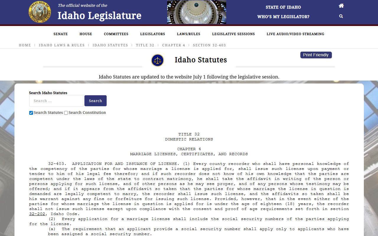 Jefferson County marriage records Idaho license application statute