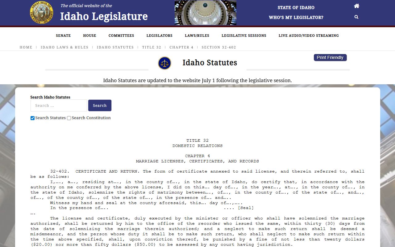 Jefferson County marriage records Idaho certificate return rule